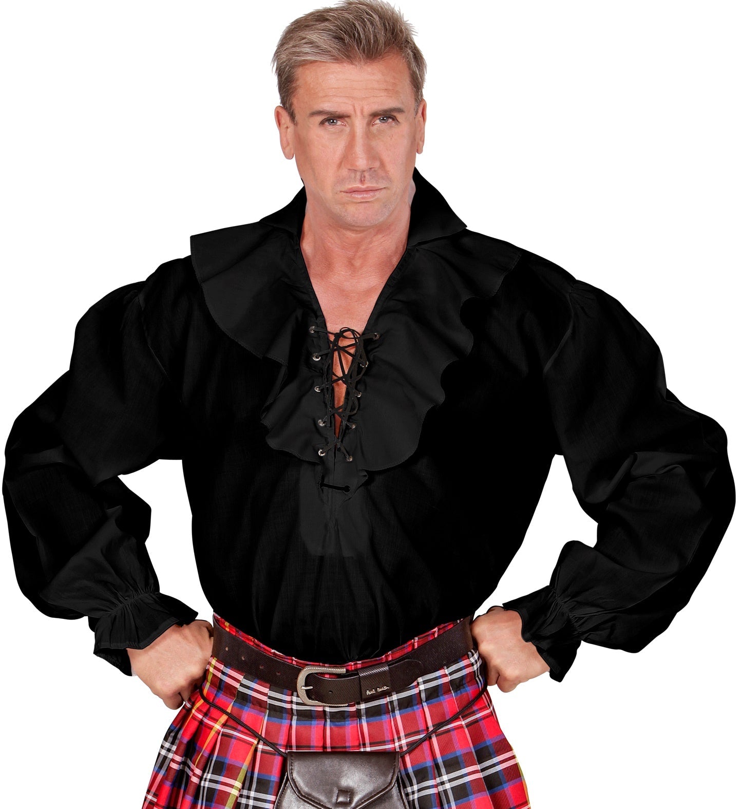 Black ruffled Renaissance pirate shirt for men with laced cuffs and collar.