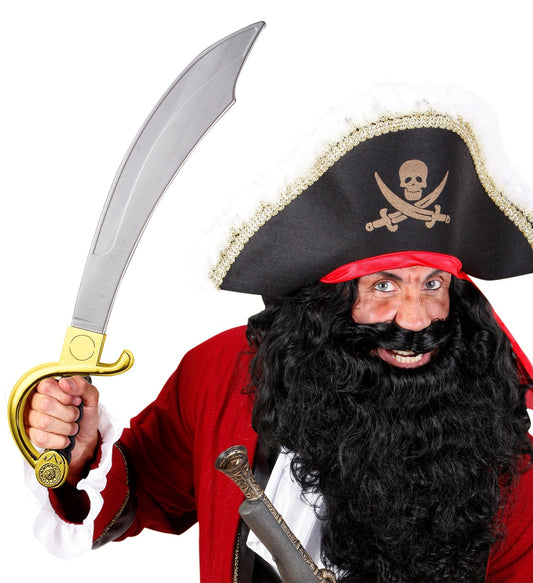 56cm plastic pirate cutlass sword with gold handle and curved blade for costumes.