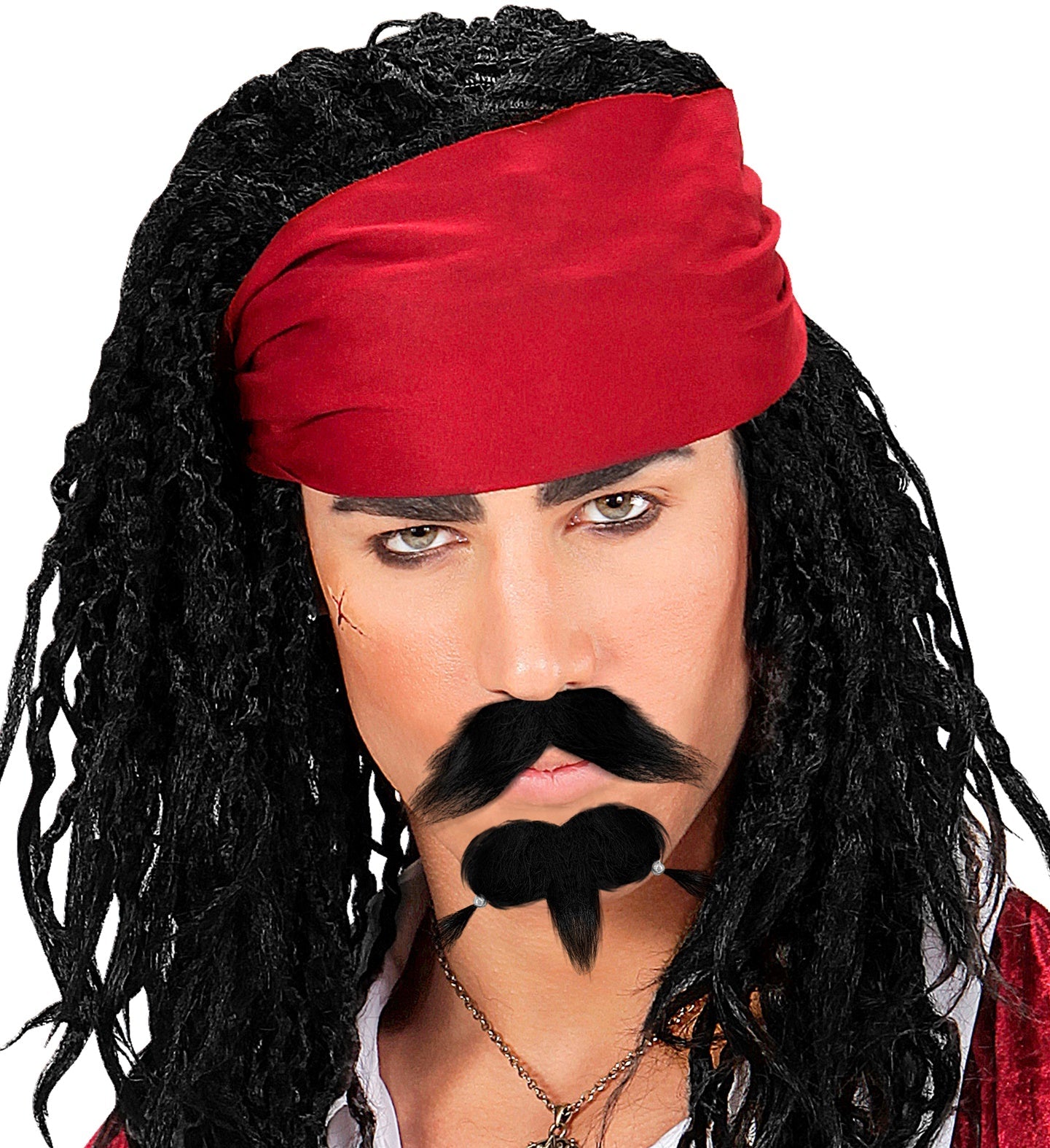 Vorinstallierter Piraten-Schnurrbart und Kinnbart mit Perlen und elastischem Band in Schwarz