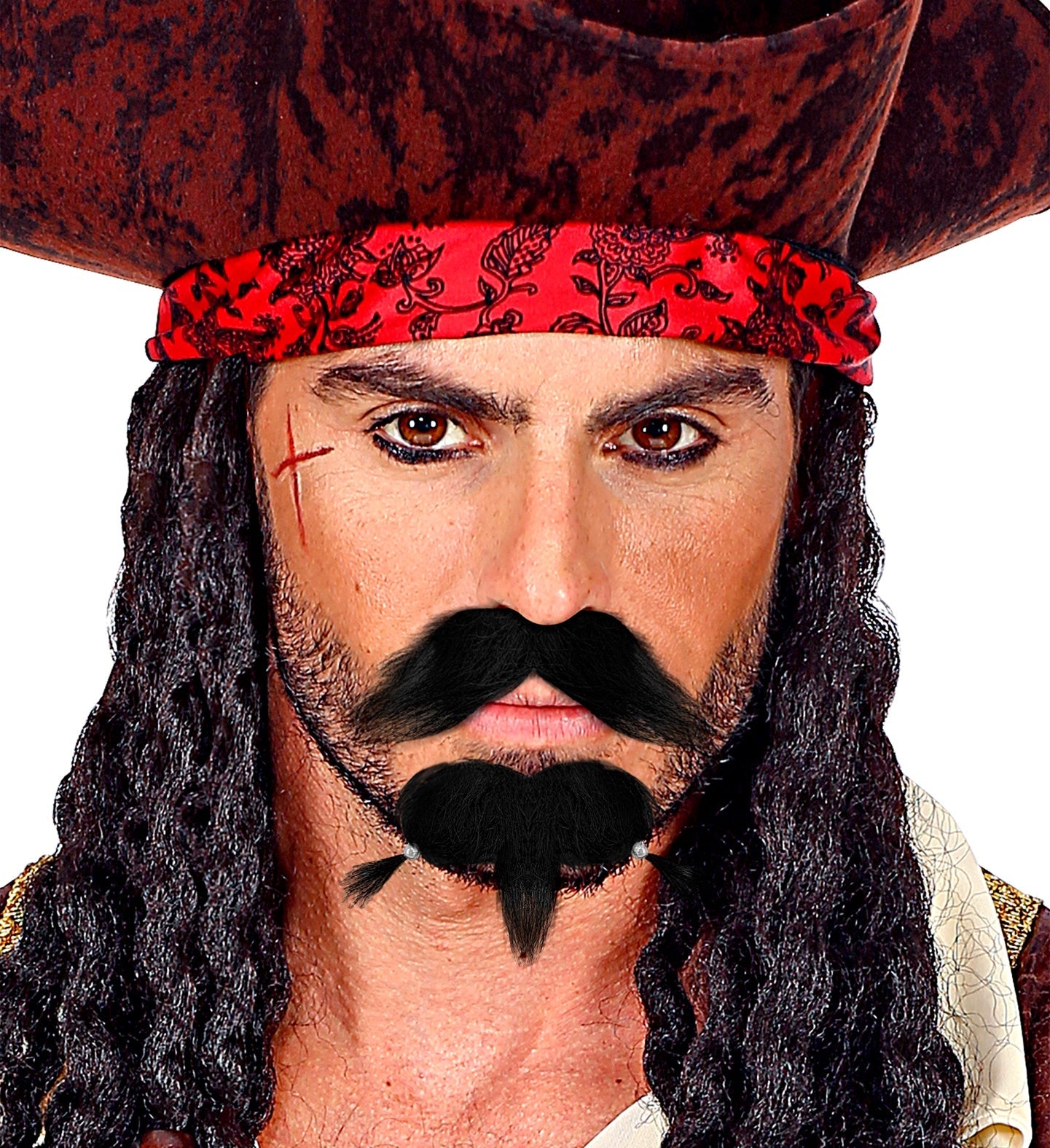 Vorgestylter Piraten-Schnurrbart und Kinnbart mit Perlen und elastischem Band in Schwarz