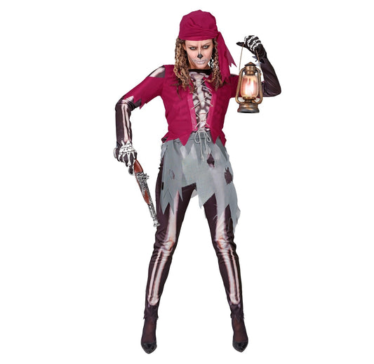 Damenkostüm mit Skelett-Print, Korsett, Rock, Leggings und Kopftuch in Schwarz und Weiß.