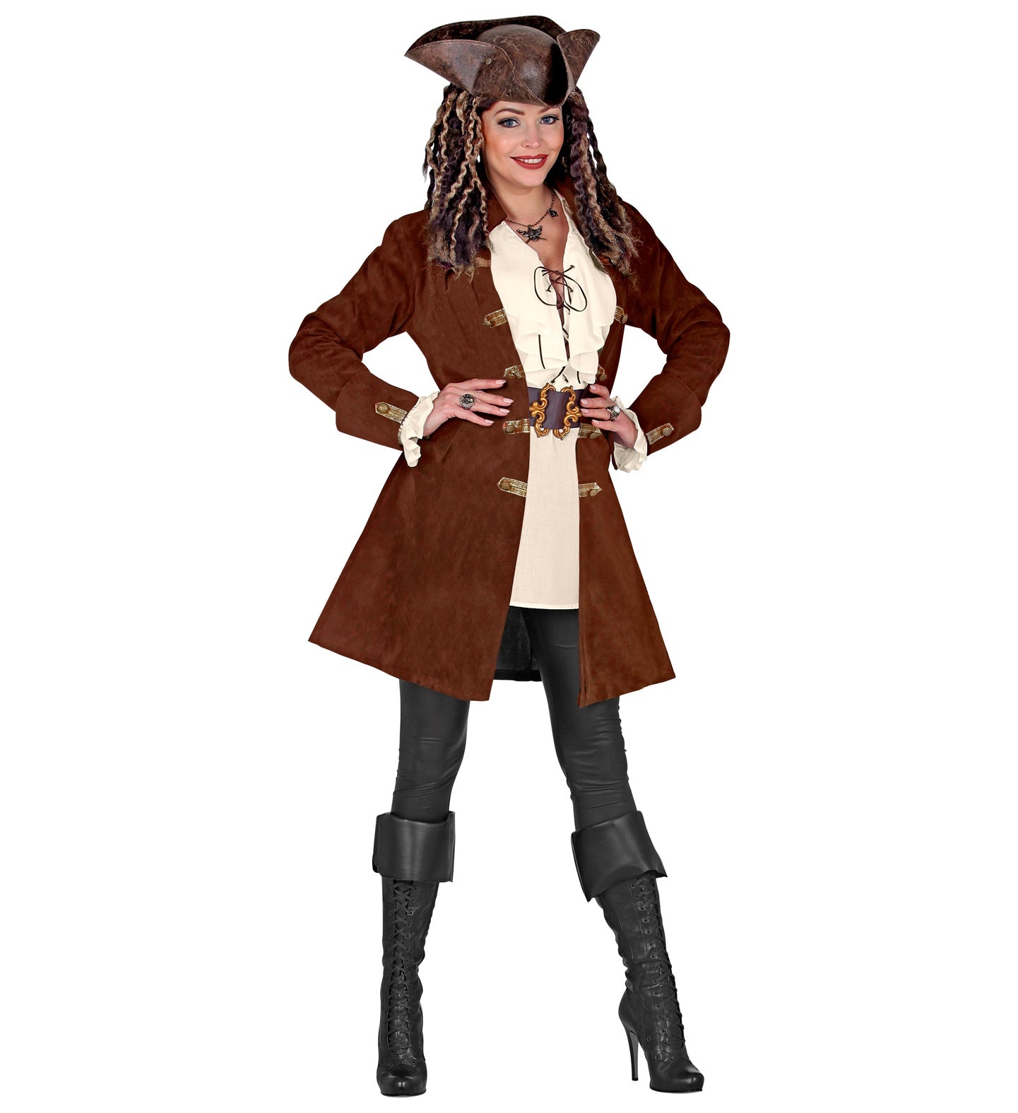 Woman in brown faux suede pirate coat with white blouse, black pants, and boots.