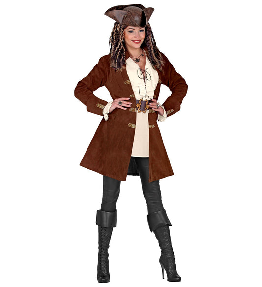 Woman in brown faux suede pirate coat with white blouse, black pants, and boots.