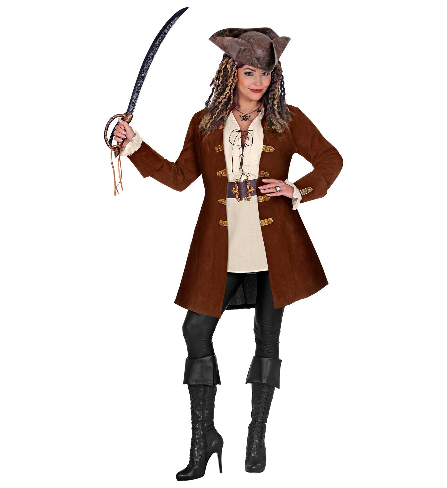 Woman in pirate costume wearing a brown faux suede coat with sword.