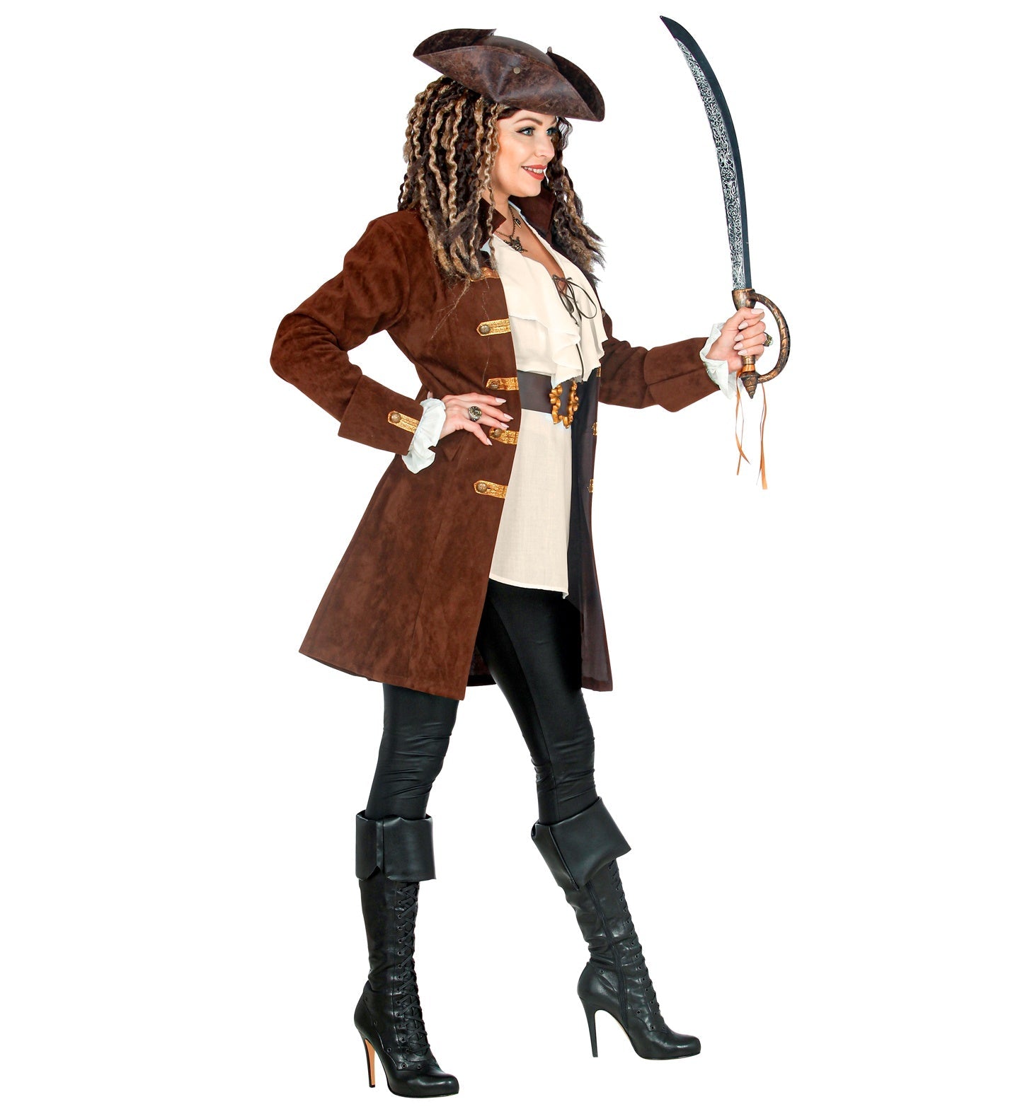 Woman in brown faux suede pirate coat with brass buttons and cuffs, holding a sword.