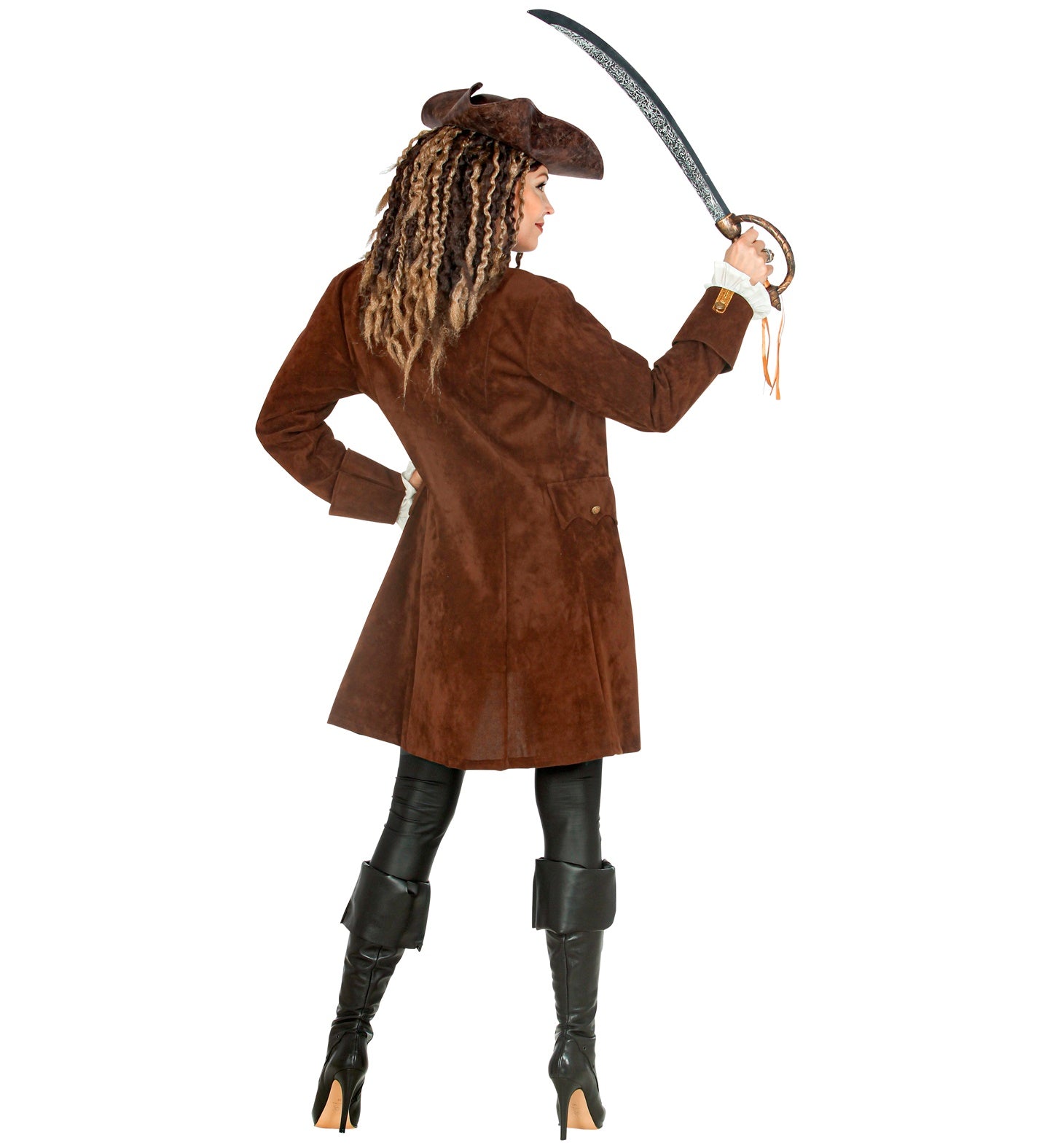 Rear view of a woman in a brown faux suede pirate coat with cuffs and black boots.