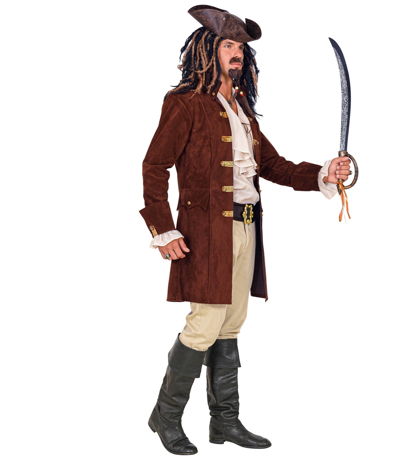 Men's pirate faux suede coat with tricorn hat, dreadlocks, sword, and boots.