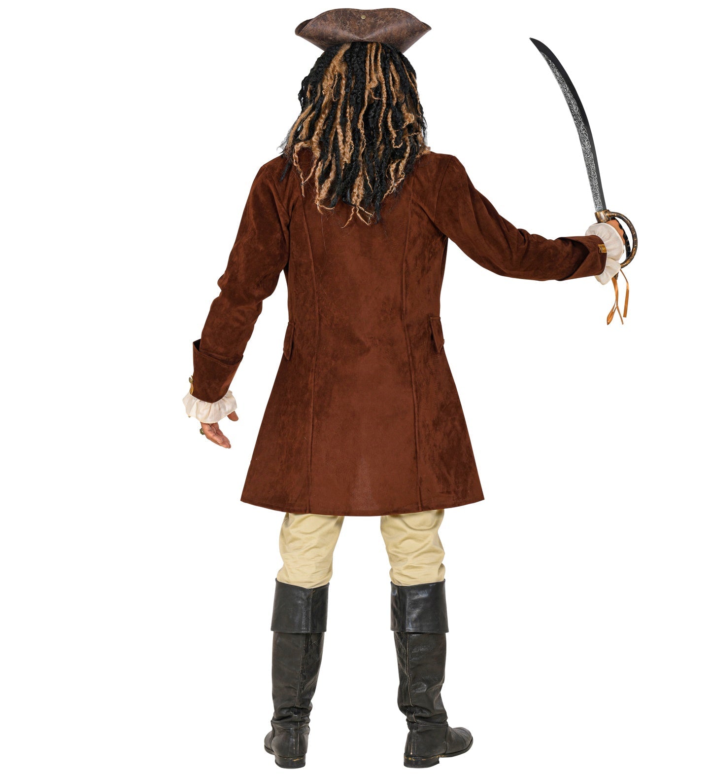 Rear view of a man's brown faux suede pirate coat with lace cuffs and breeches.