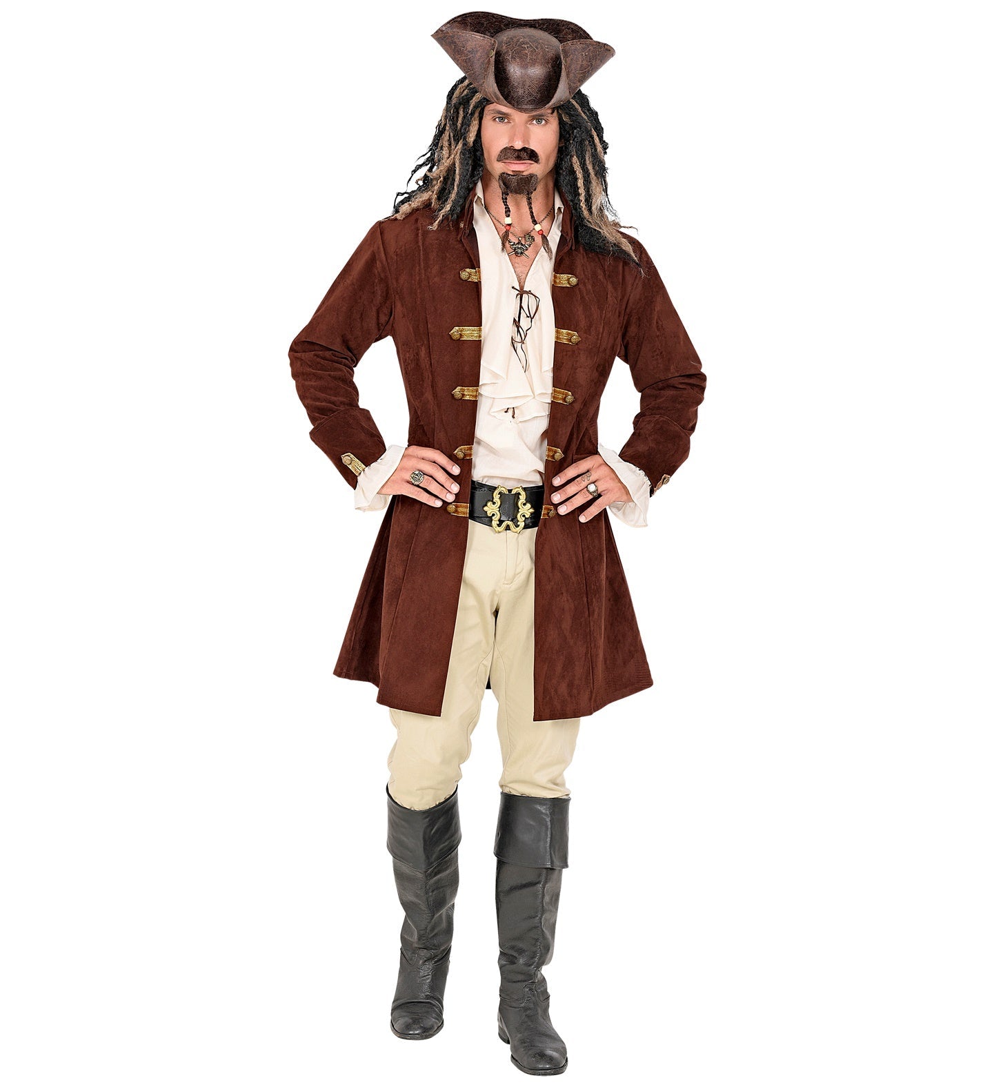 Man in brown faux suede pirate coat with tricorn hat, white shirt, beige pants, and black boots.