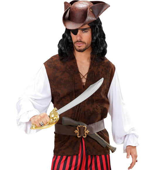 Man in brown pirate vest over white shirt with puffed sleeves and gold sword.