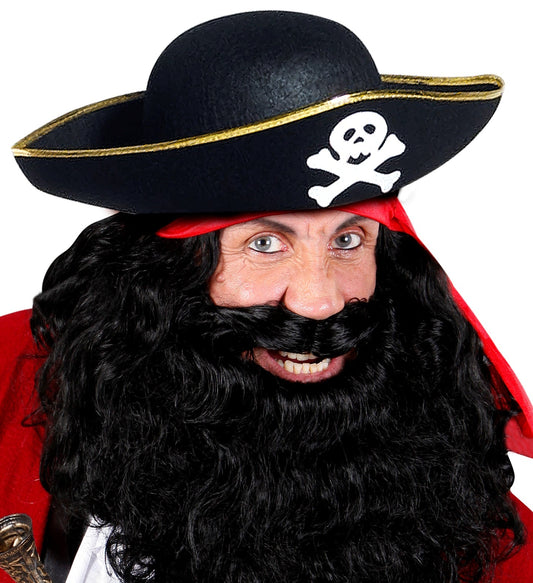 Black felt pirate hat with gold-trimmed brim and white skull and crossbones emblem.
