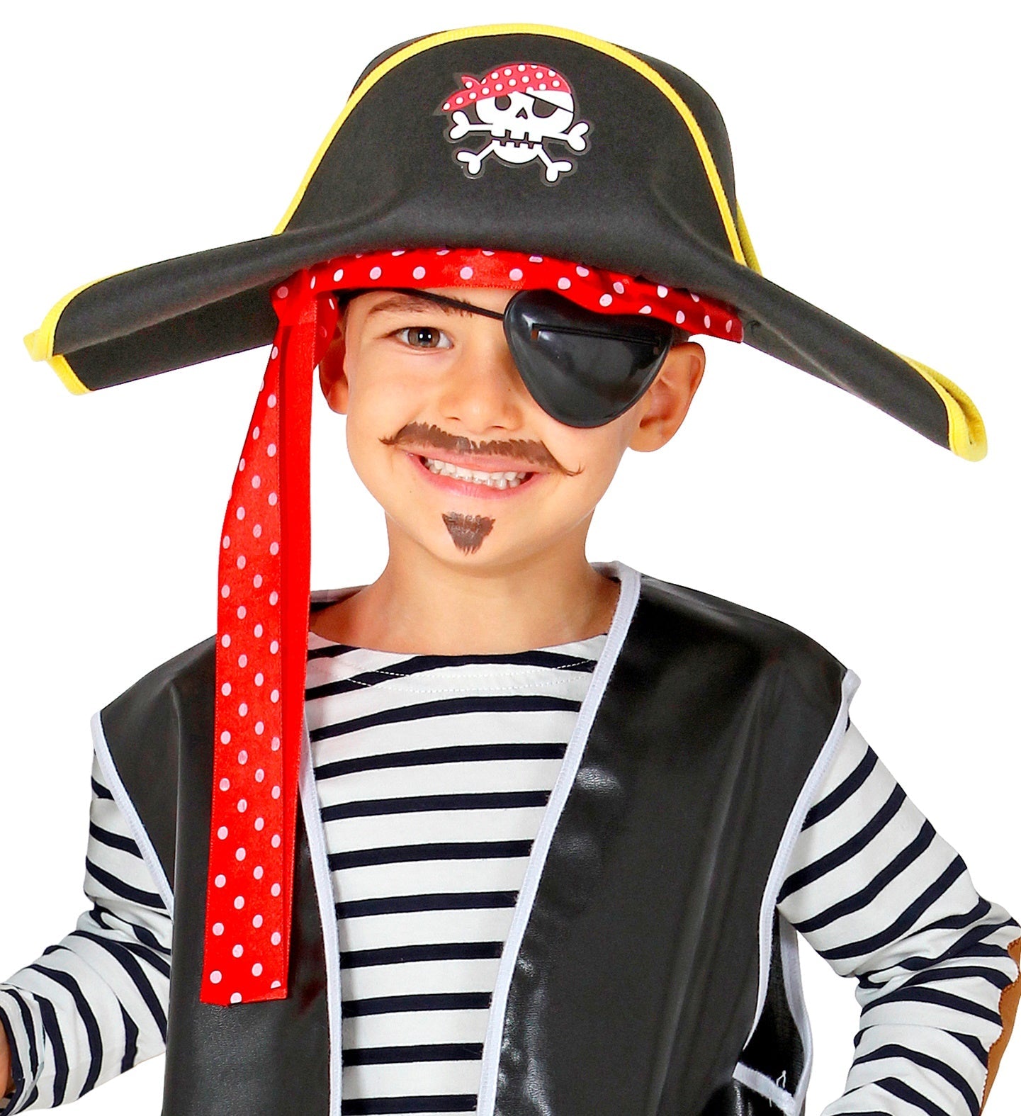 Schwarzer Piratenhut mit Totenkopf und gekreuzten Knochen für Kinder im Alter von 3-10 Jahren.