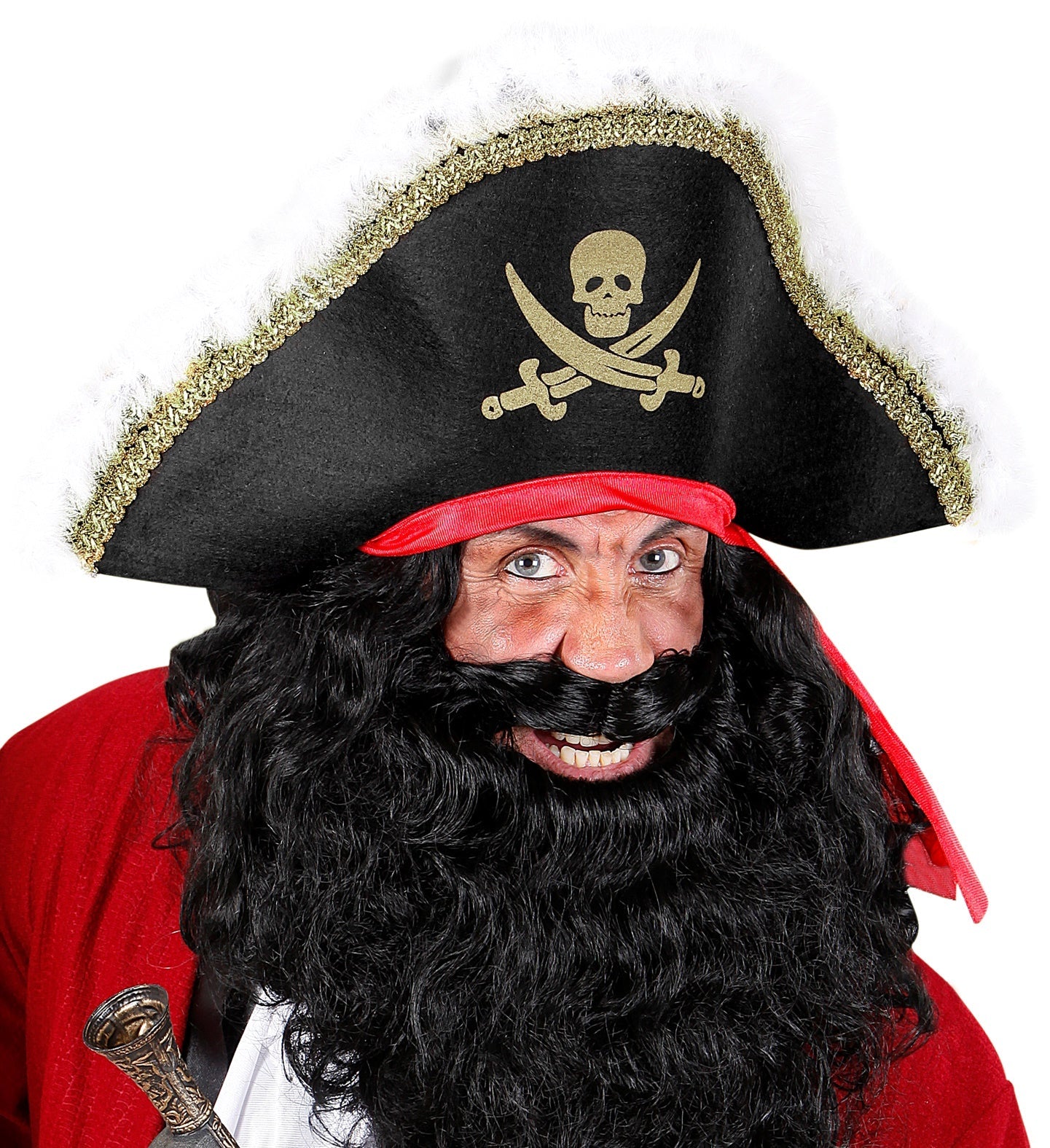 Black pirate hat with skull and crossbones emblem and red band, made of felt for adults.