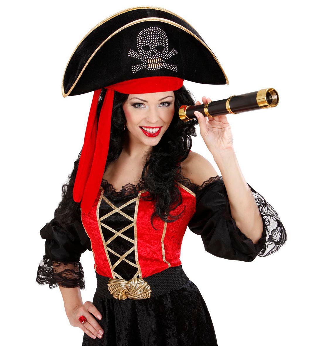 Black velvet pirate tricorn hat with rhinestones and detachable skull bandana.
