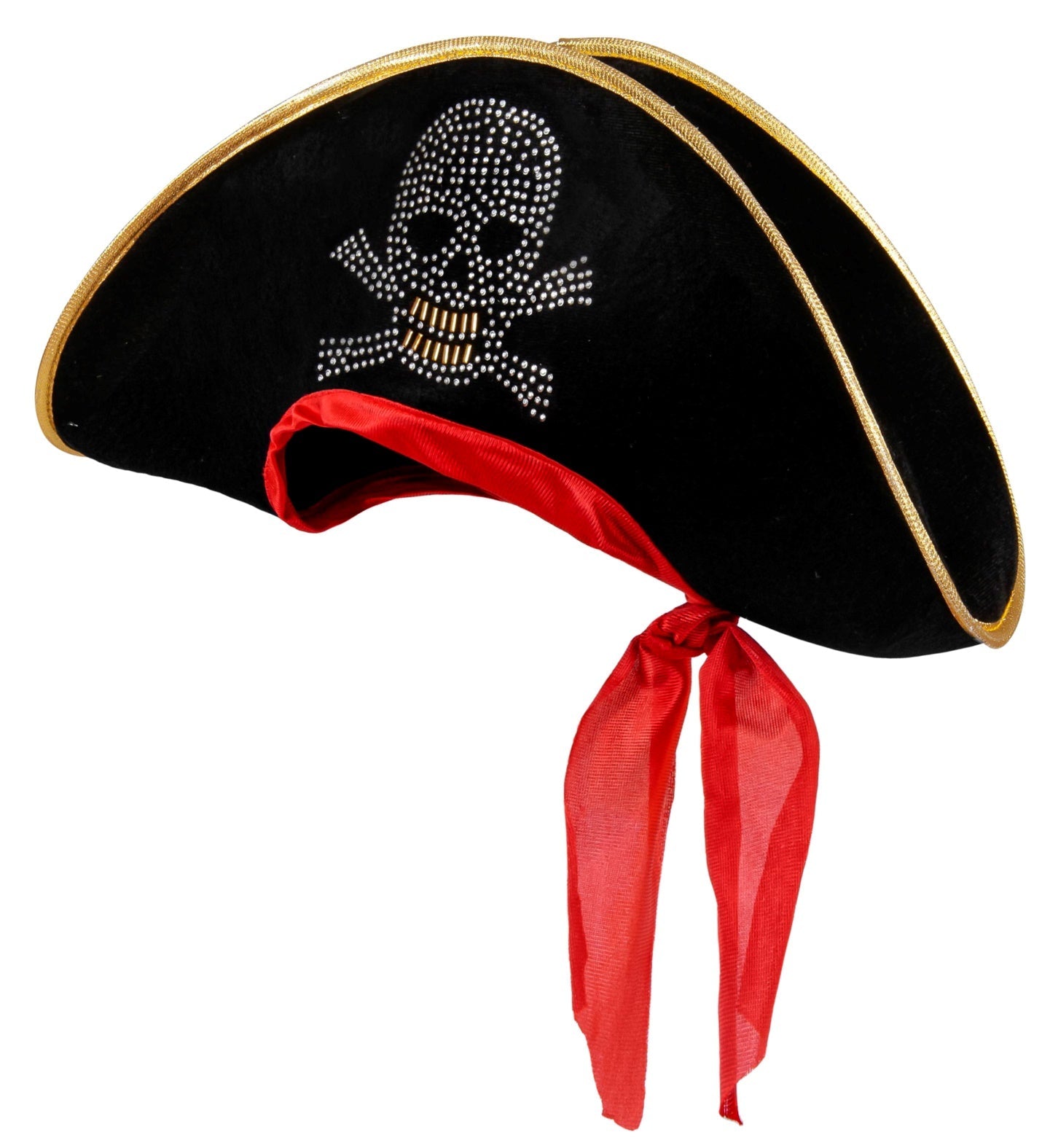 Black velvet pirate tricorn hat with gold trim, rhinestone skull emblem, and red bandana.