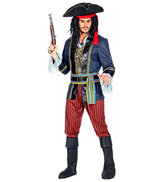 Deluxe Piratenkapitän-Kostüm für Herren mit Hut, Jacke, Hose und Flinten.