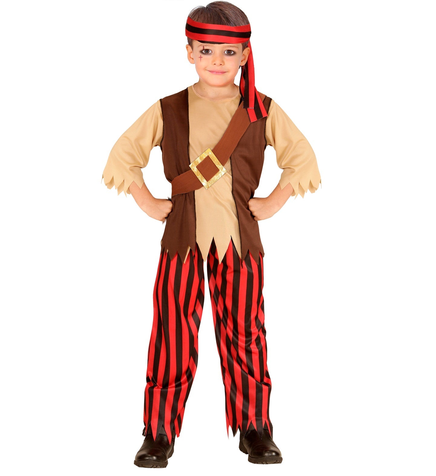 Jungen-Piratenkostüm mit roter Bandana, Weste, Gürtel und gestreifter Hose.