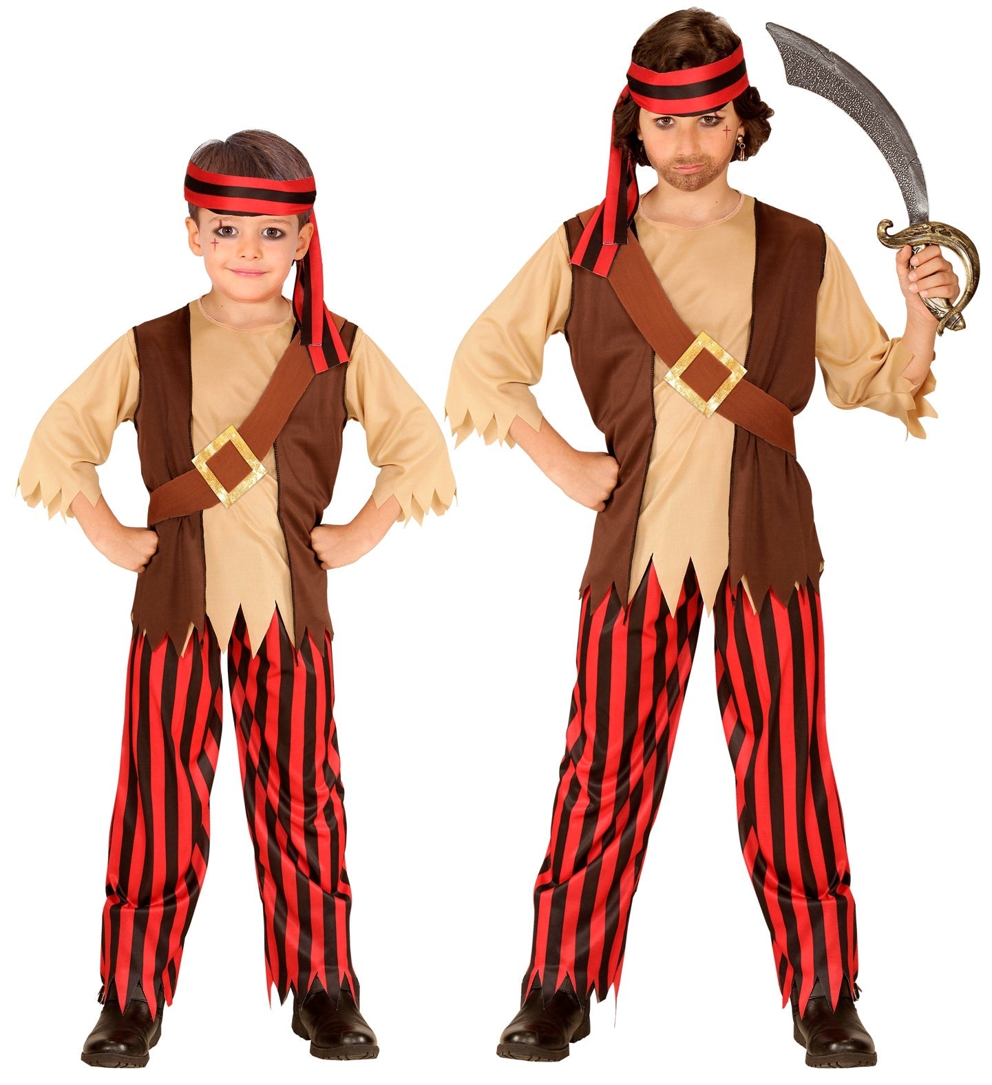 Jungen-Piratenkostüm-Set mit Weste, Gürtel, Hose und Kopftuch.