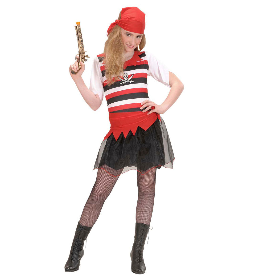 Mädchen trägt rotes Piratenkleid mit goldenem Gürtel und rot-schwarzem Kopftuch