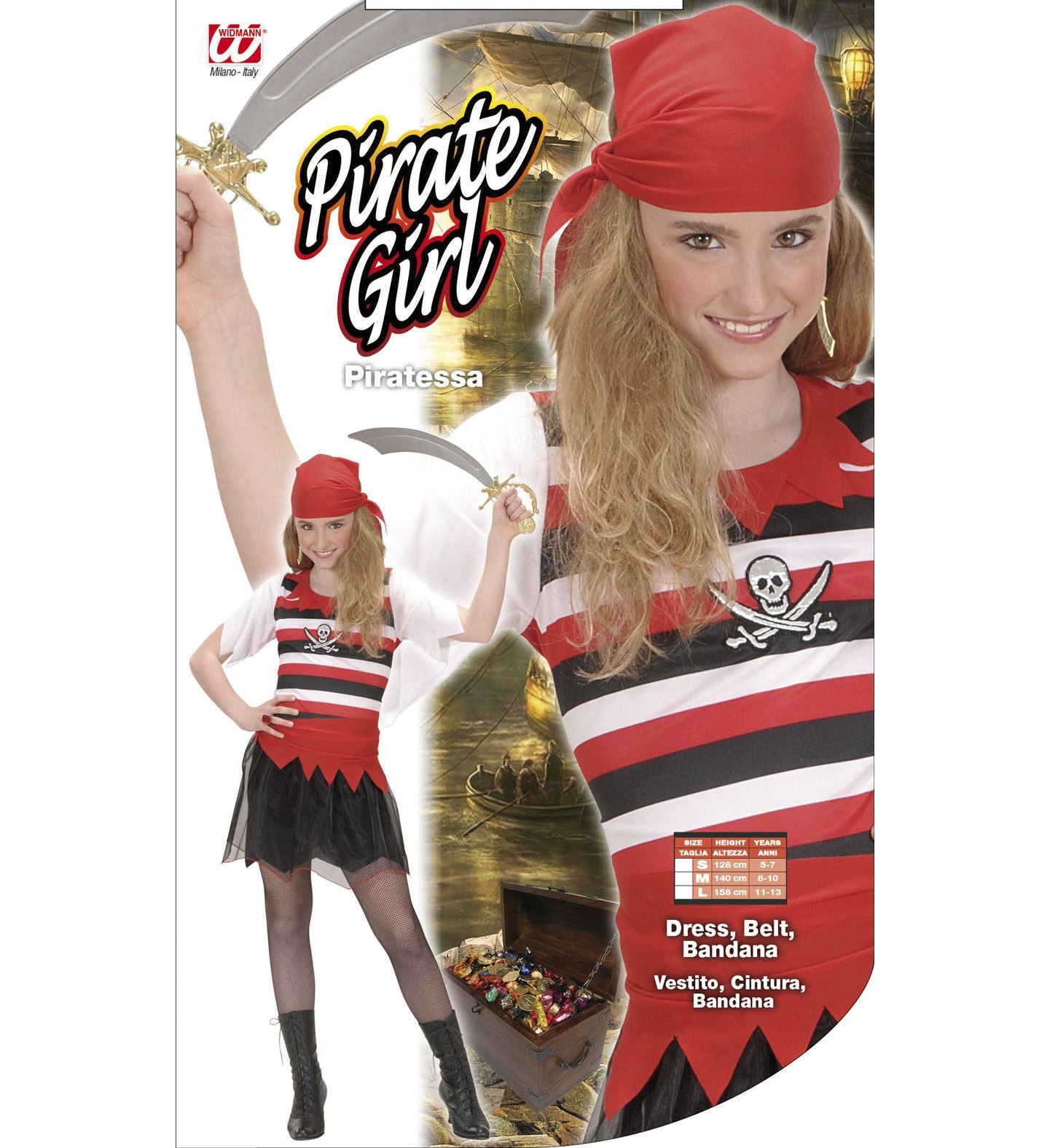 Mädchen in einem roten und schwarzen Piratenkostüm mit Kleid, Gürtel und Kopftuch.