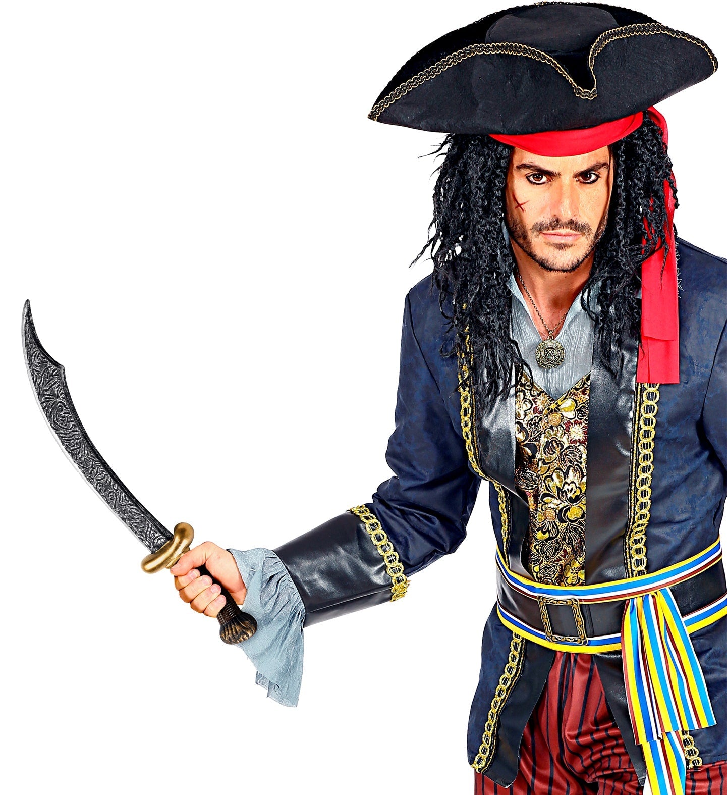 Piratenschwert aus Kunststoff, 46 cm lang, mit antik-silberner Oberfläche und griffigem Kreuzschutz.