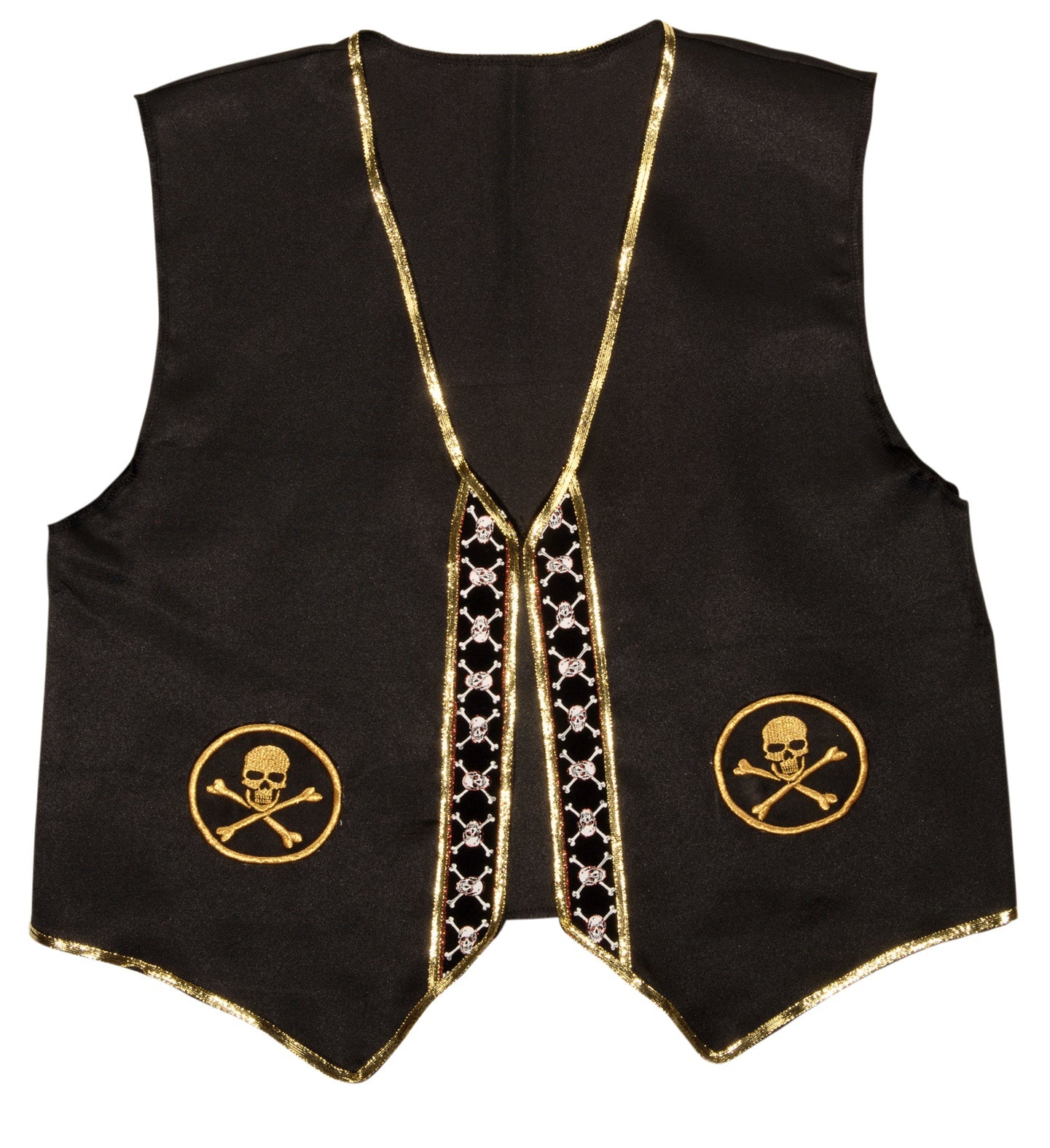 Black men's pirate vest with gold brocade trim and skull patches.