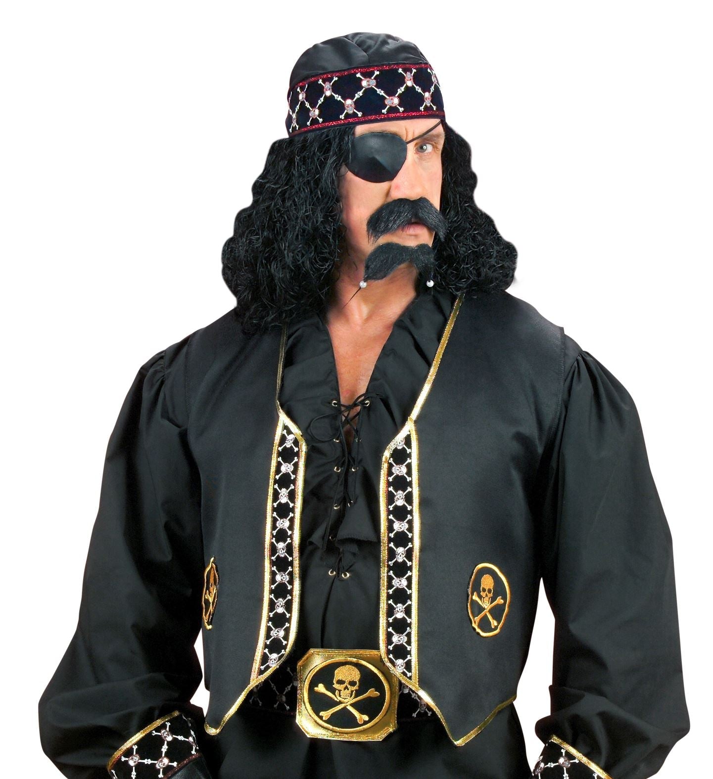 Black pirate vest with gold brocade trim and skull accents for men.