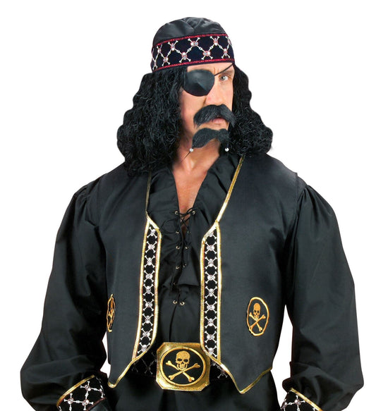 Black pirate vest with gold brocade trim and skull accents for men.