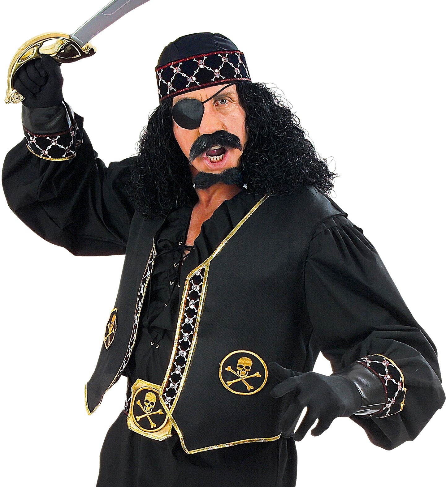 Man in black and gold brocade pirate vest costume with skull accents.