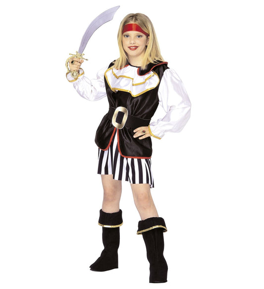 Mädchen in Piratenkostüm mit Coat, Jabot, Rock, Gürtel, Stiefeln und Kopftuch, hält Schwert.