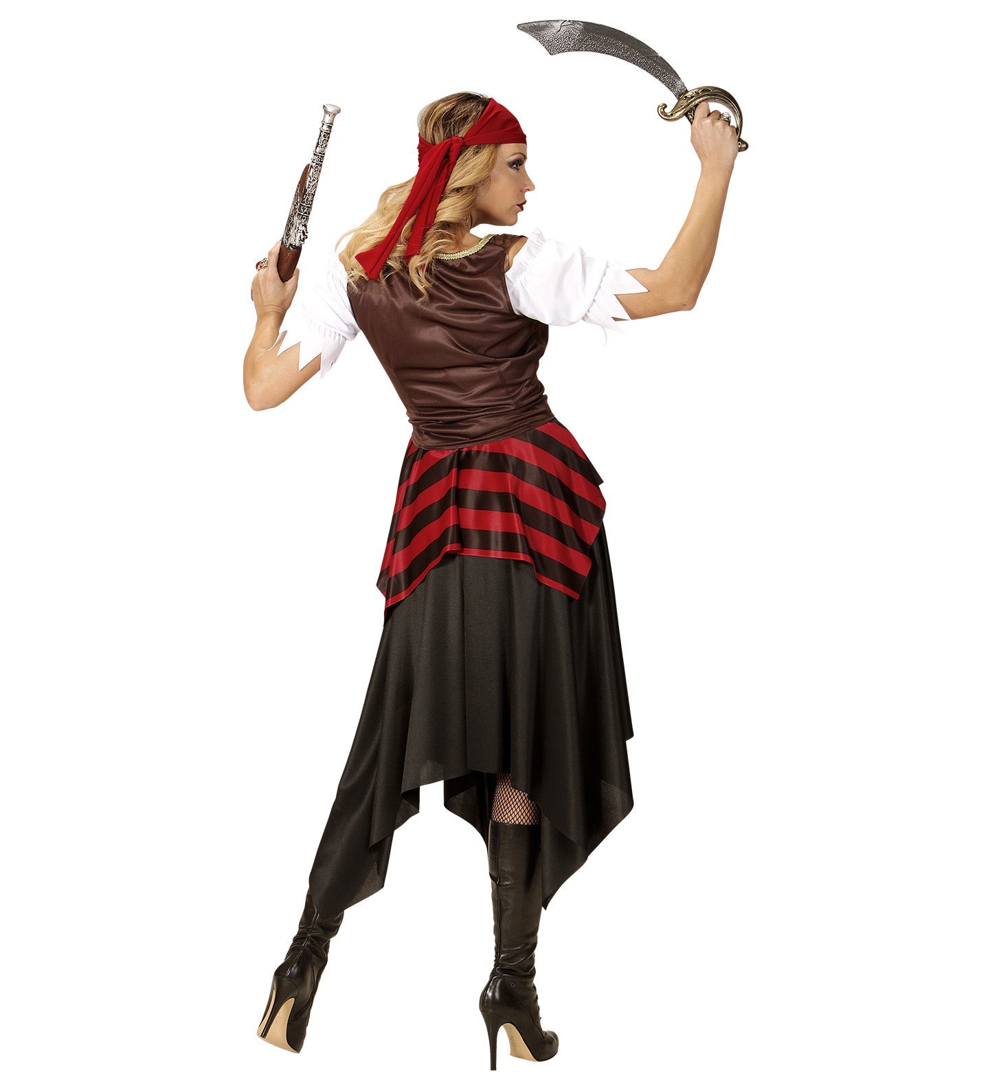 Frau in Piratenkostüm mit Korsett, Rock, Kopfband, Schwert und Pistole.