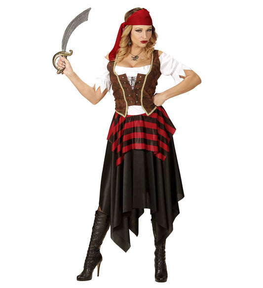 Frau in Piratenkostüm mit Korsett, Rock, Kopfband und Säbel.