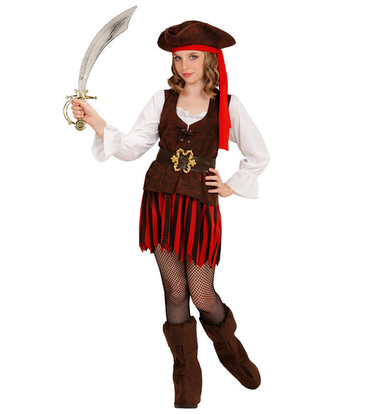 Mädchen in Piratenkostüm mit Kleid, Gürtel, Hut und Stiefeln.