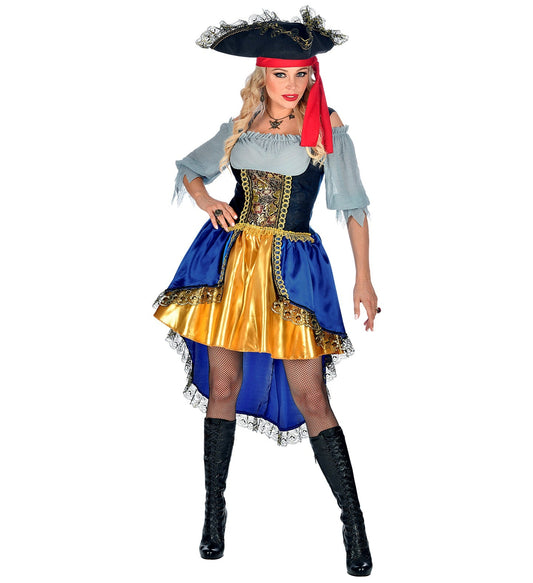 Woman in pirate costume with tricorn hat, off-shoulder blouse, and blue-gold dress.