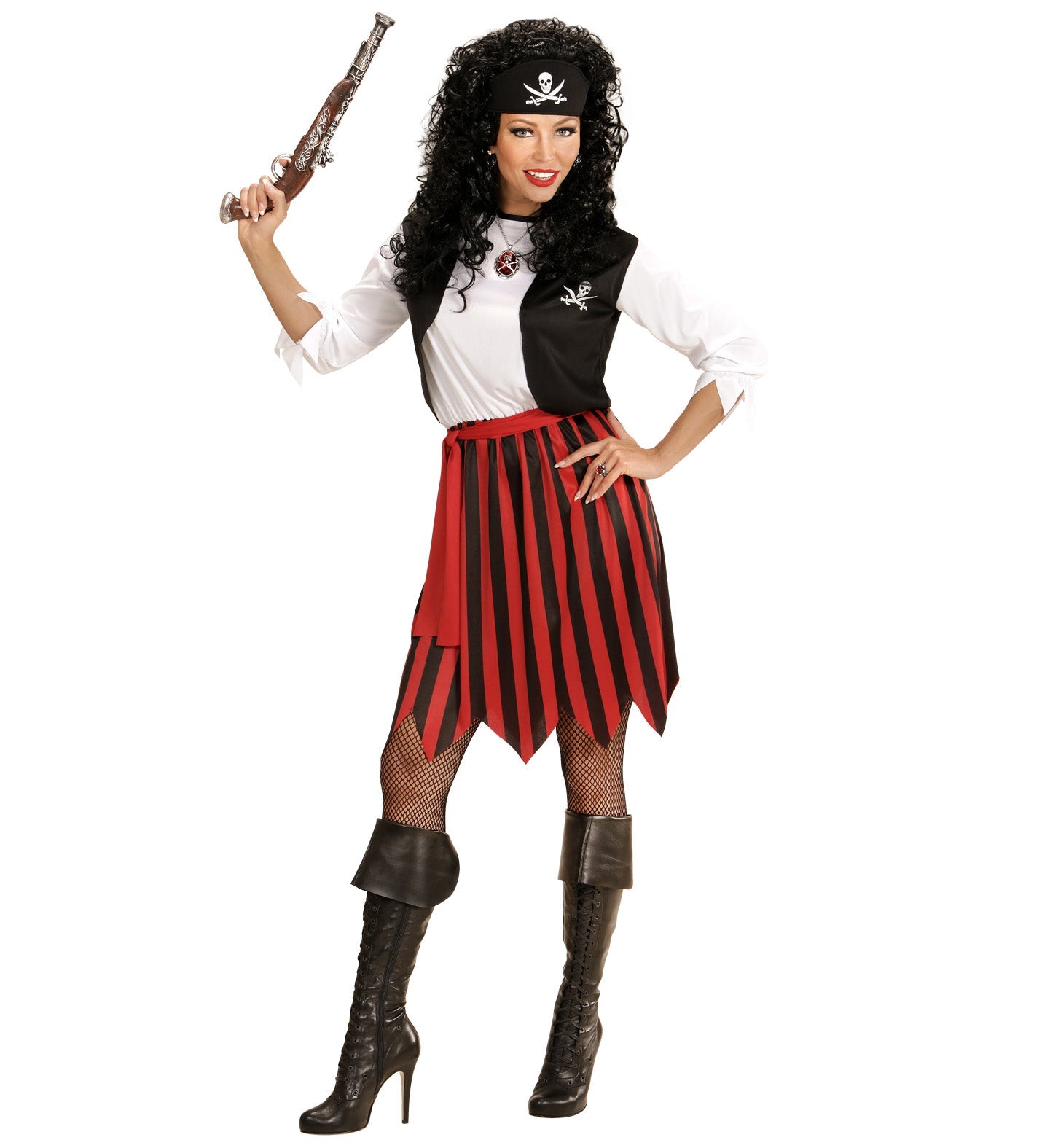 Woman in pirate costume with black curly hair, red bandana, striped skirt, vest, belt, pistol, and boots.