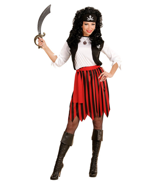 Woman in Widmann pirate costume with black curly hair, pirate hat, sword, striped dress, vest, belt, and boots.