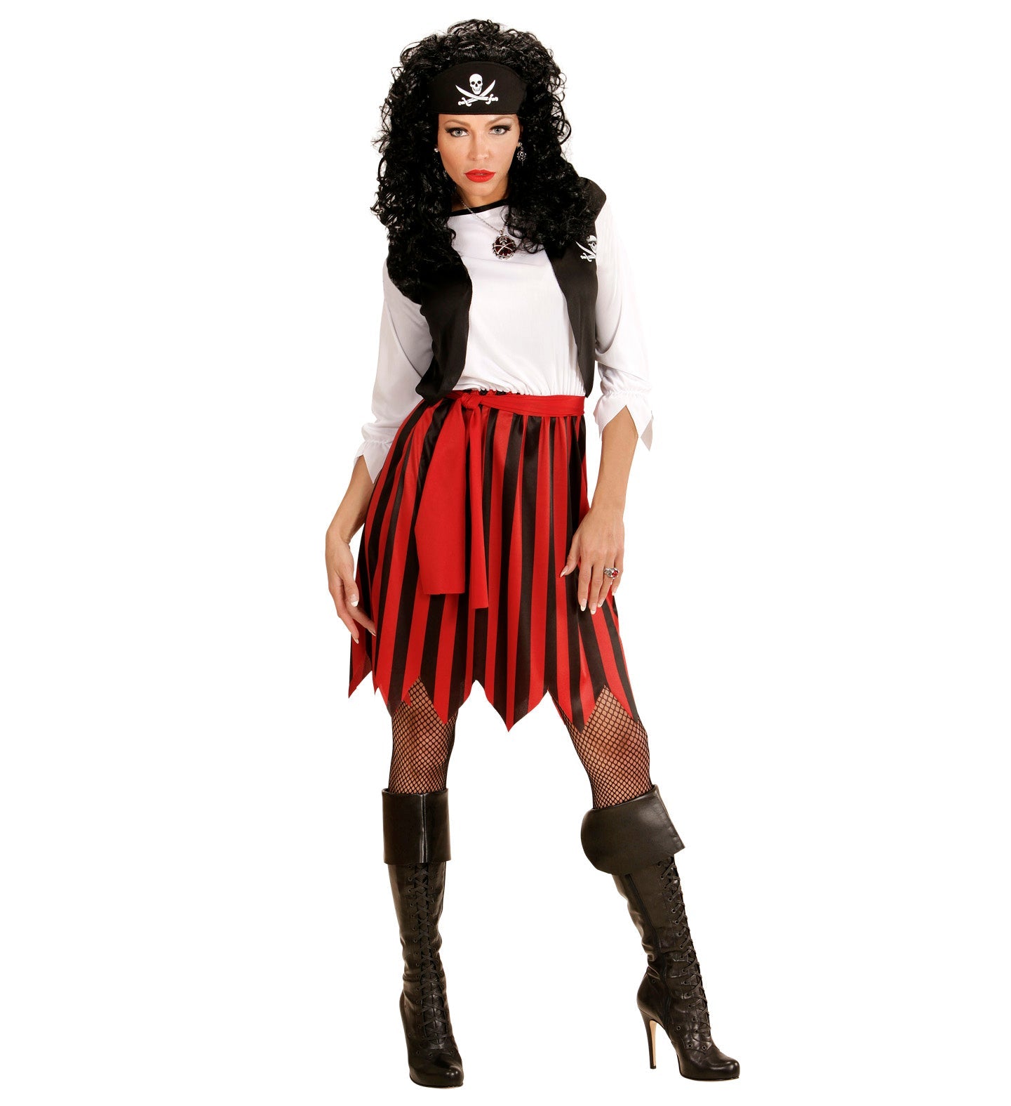 Woman in black-and-red striped pirate dress, white vest, belt, headband, and boots.