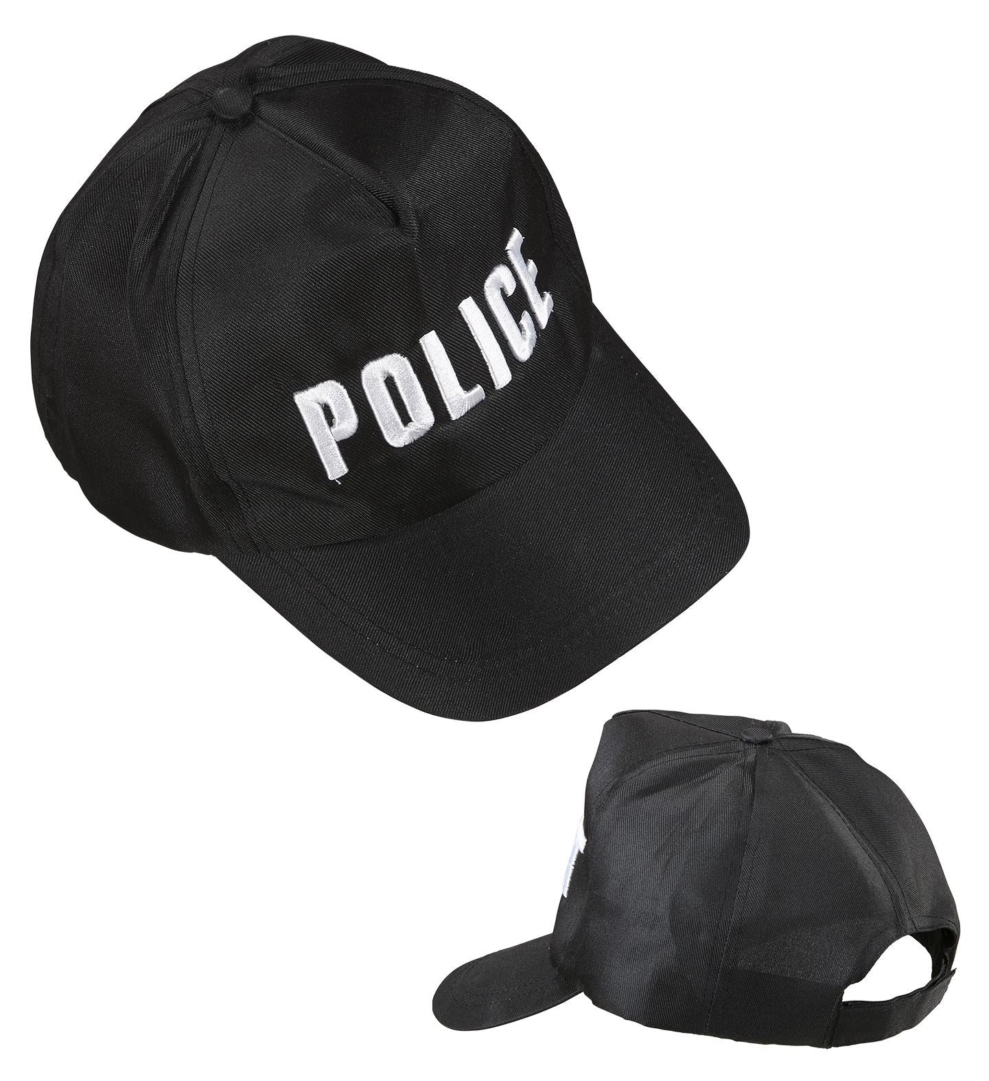 Adjustable black Widmann police basecap with embroidered badge and visor.
