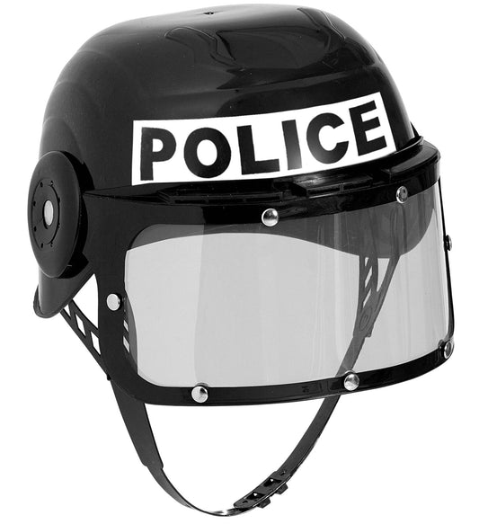 Black plastic police costume helmet with visor and "POLICE" label.