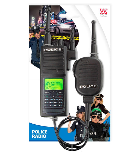 Realistisches Polizei-Funkgerät von Widmann als Spielzeug-Walkie-Talkie in schwarzer Verpackung.