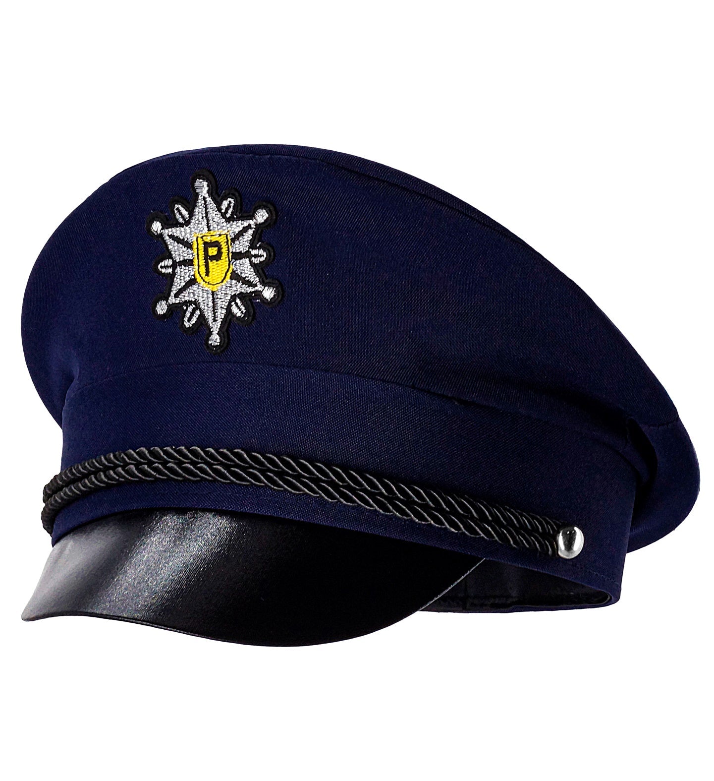Blaue Polizeimütze für Kinder mit schwarzem Schirm und authentischem Polizeiemblem.