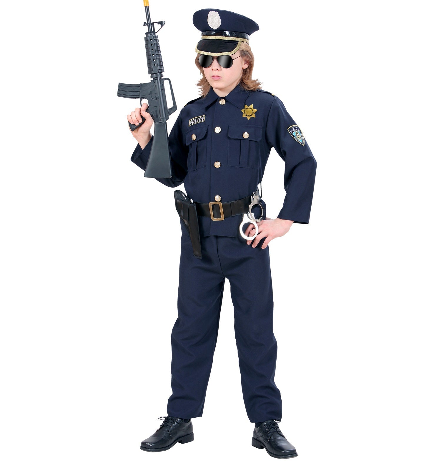 Komplettes Polizei Kinderkostüm mit Oberteil, Hose, Gürtel und Mütze in Blau und Schwarz.