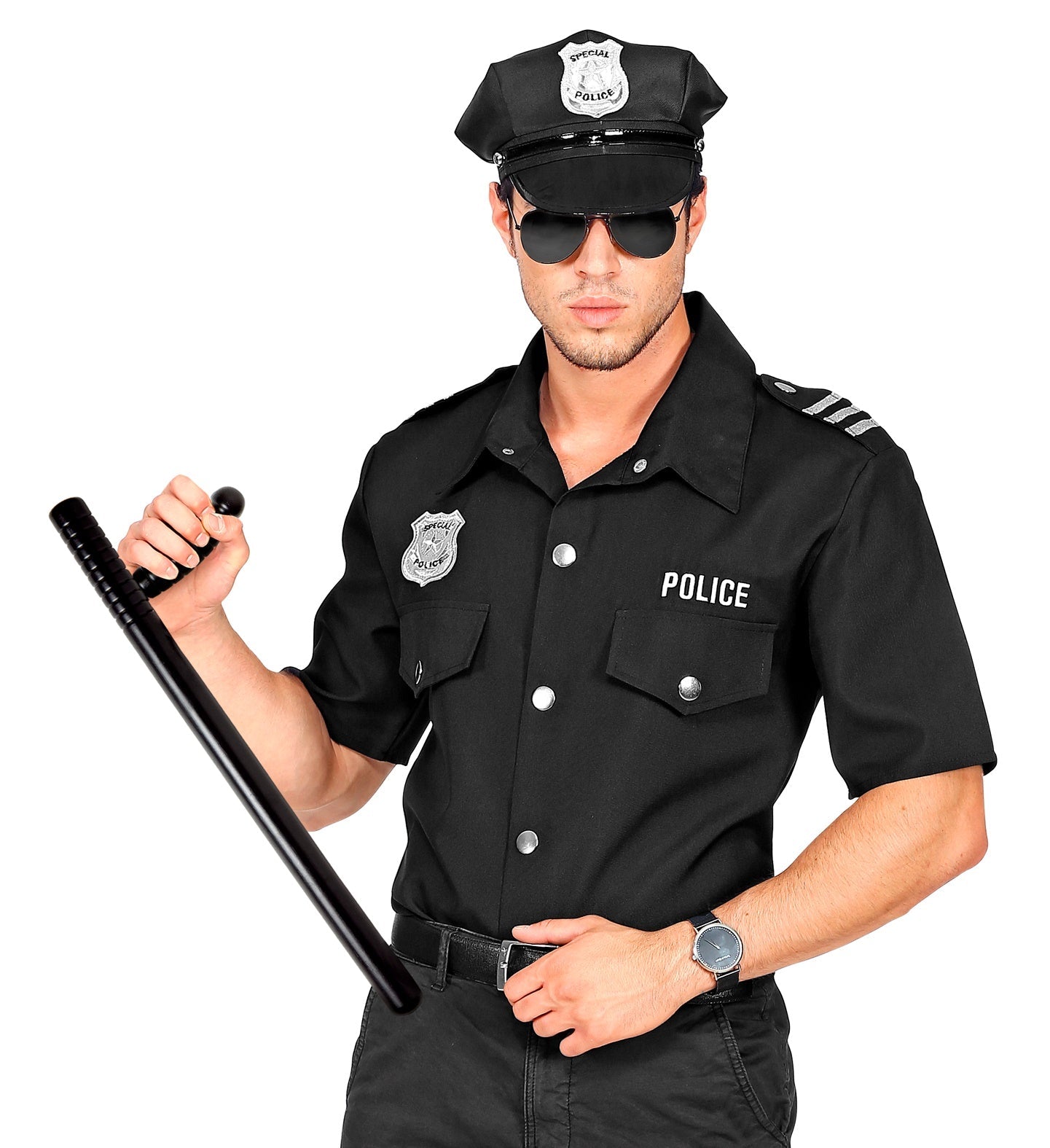 Man in police uniform holding a black telescopic baton.