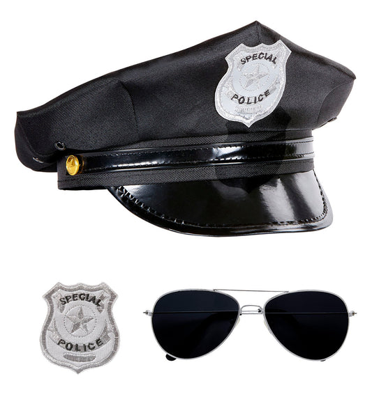 Widmann Polizei Set mit schwarzer Mütze, Polizeimarke und Sonnenbrille für Erwachsene.
