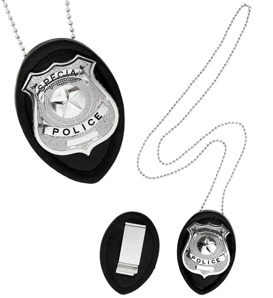 Oval metal police badge with clip holder and chain for uniform ID.