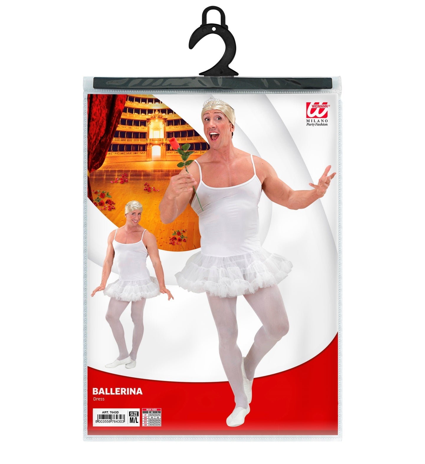 White men's ballerina costume with tutu, tank top, tights, and rose, size M/L.