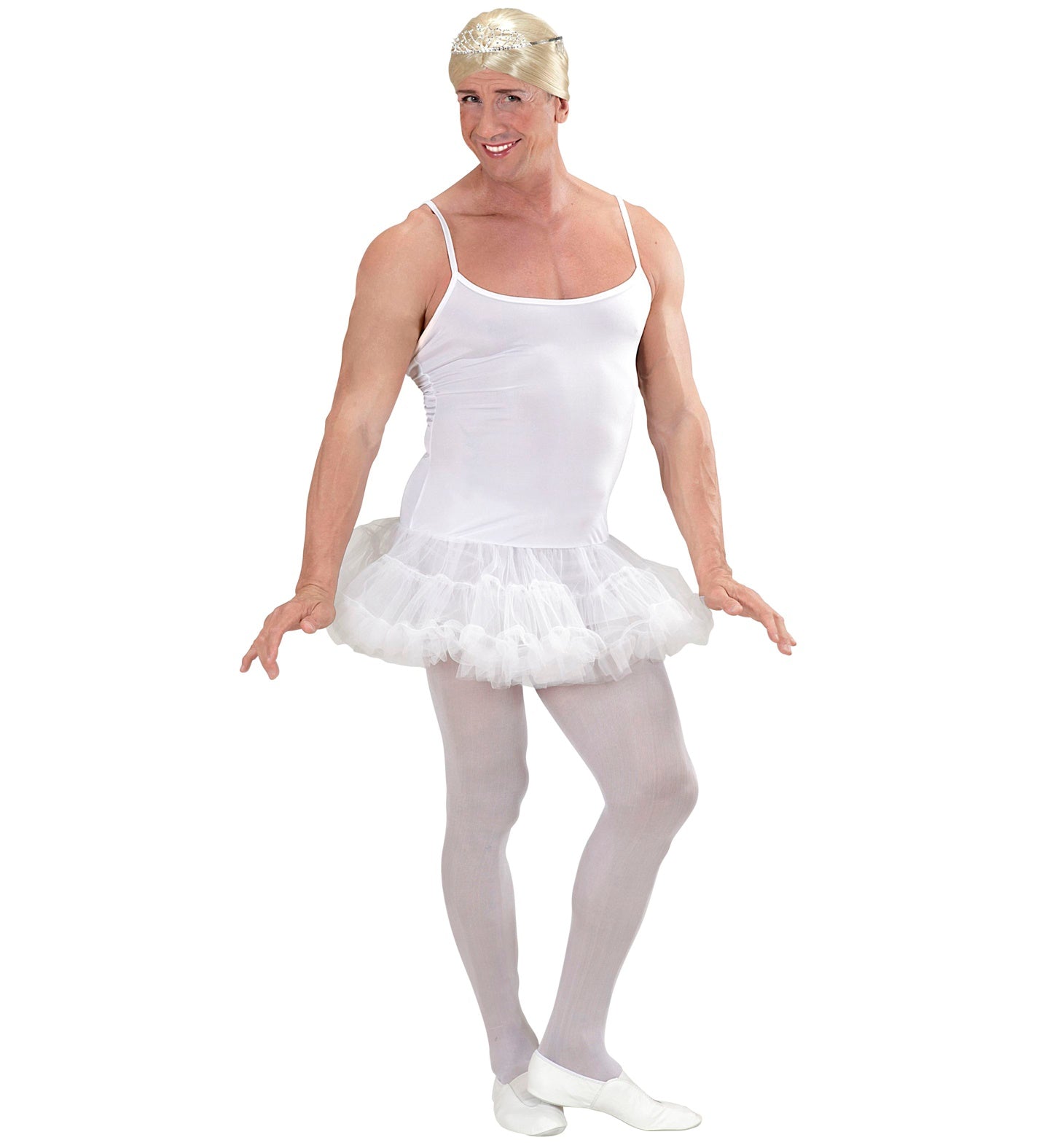 Man in white tutu, tank top, tights, and ballet slippers posing gracefully.