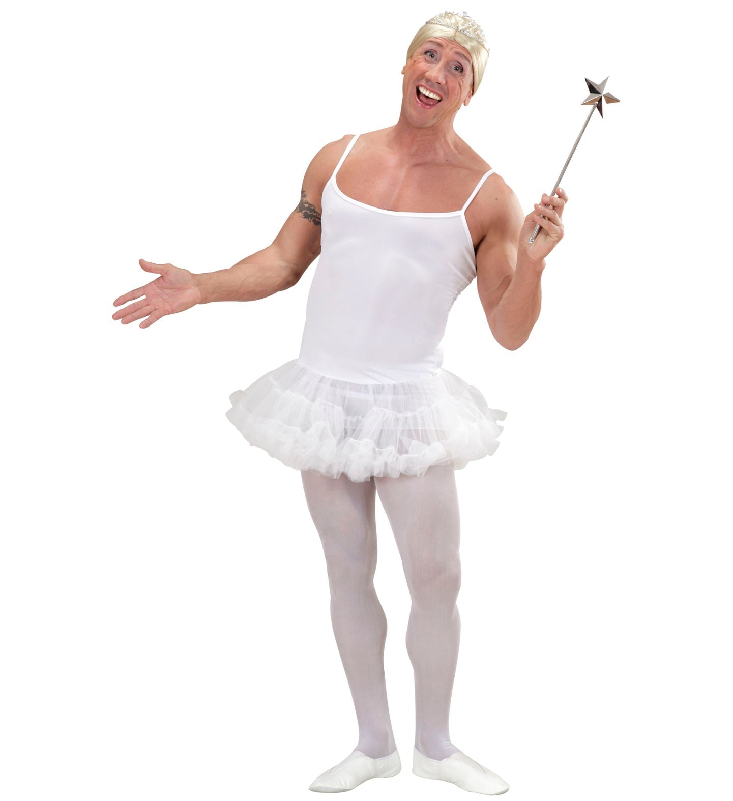 Man in white men's ballerina costume with tutu, tank top, tights, ballet slippers, and wand.