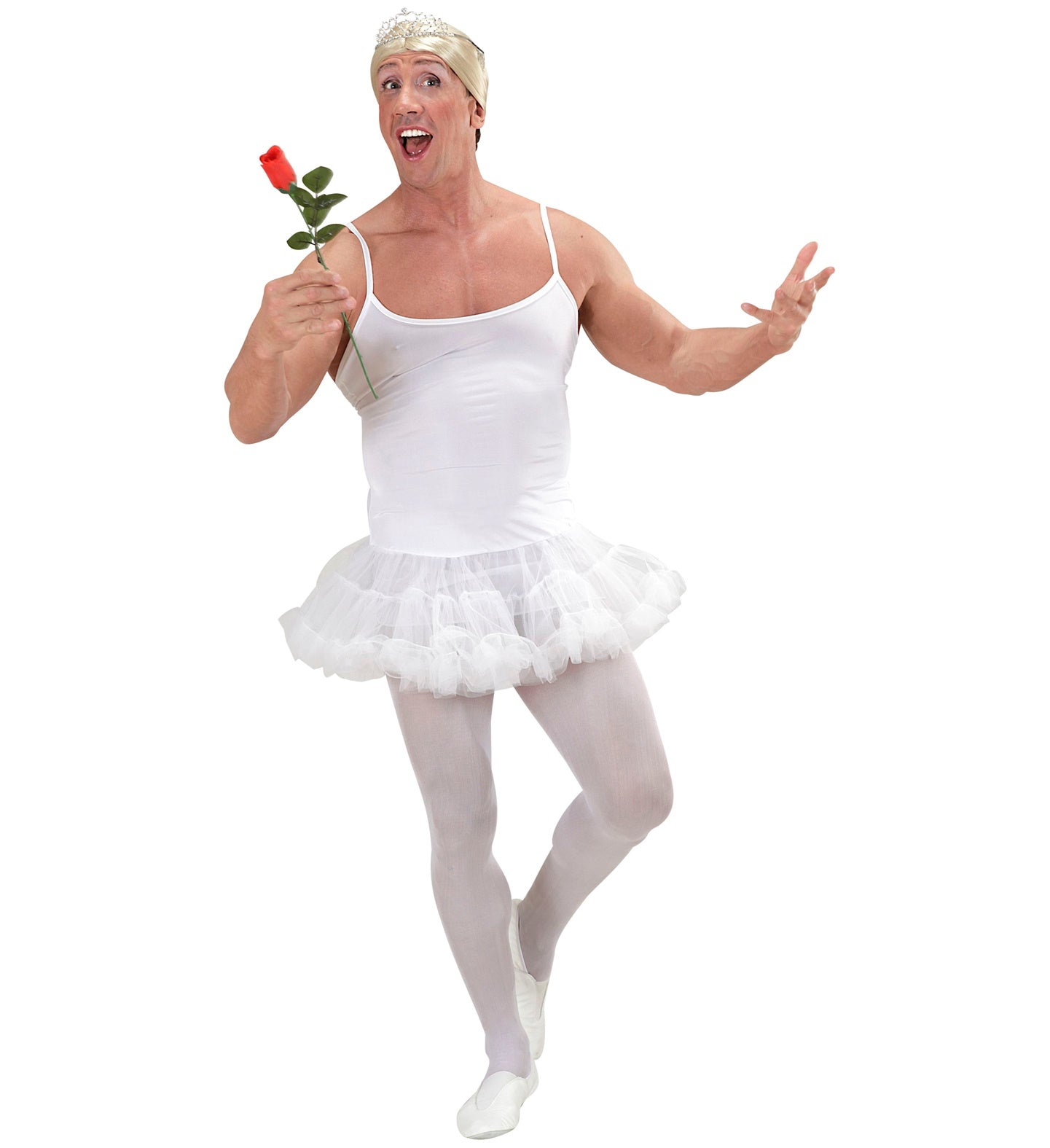 Man in white tutu, tank top, tights, and blonde wig holding a red rose, posing dramatically.