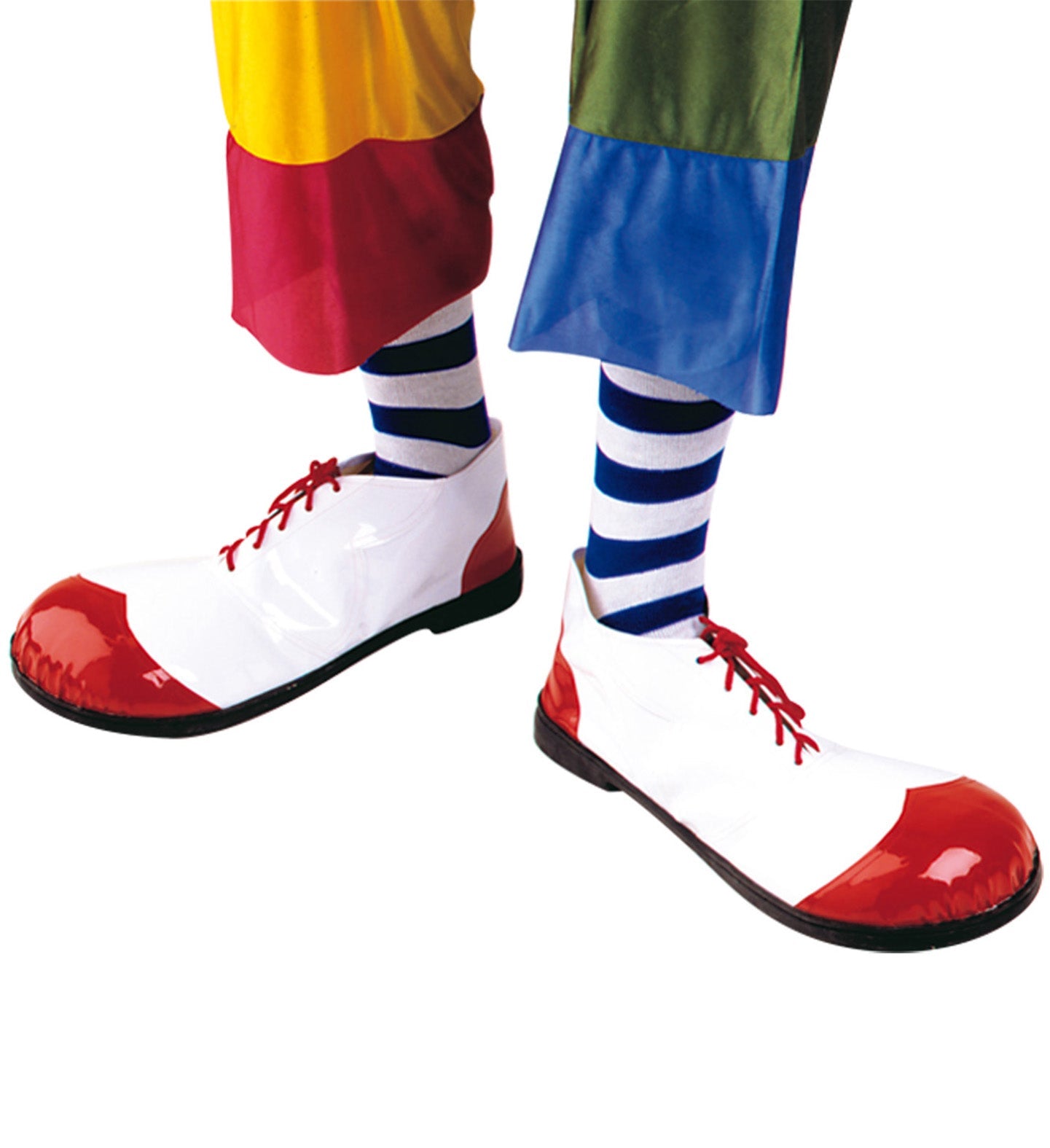 Bunte Clownschuhe mit rutschfesten Gummisohlen und vier verschiedenen Mustern.